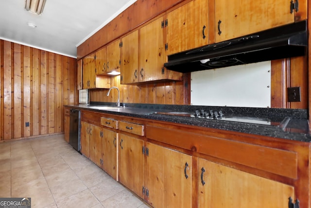4365 US Highway 341, Jesup, GA 31545 - kitchen with ventilation hood, dishwasher, wood walls, dark countertops, and brown cabinets