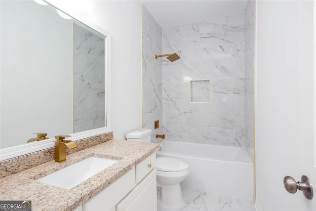 3314 Dilmus Dr, Powder Springs, GA 30127 - bathroom with marble finish flooring, toilet, vanity, and bathtub / shower combination
