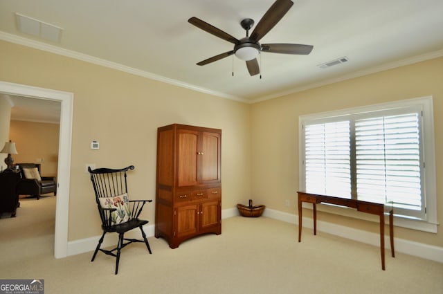 living area with light colored carpet, visible vents, and ornamental molding