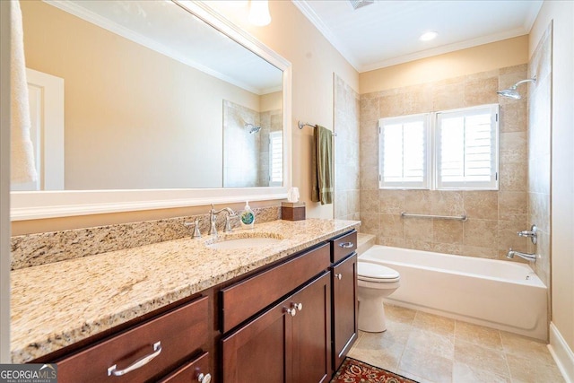 bathroom with crown molding, tile patterned flooring, vanity, toilet, and  shower combination