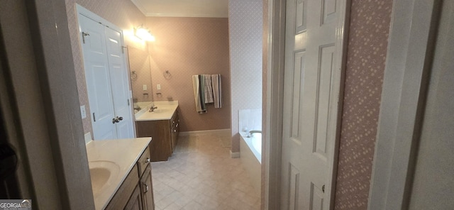 345 Oak Springs Dr NW, Lawrenceville, GA 30043 - bathroom with two vanities, a garden tub, wallpapered walls, tile patterned floors, and crown molding