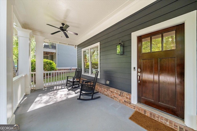 view of patio / terrace with a ceiling fan and a porch