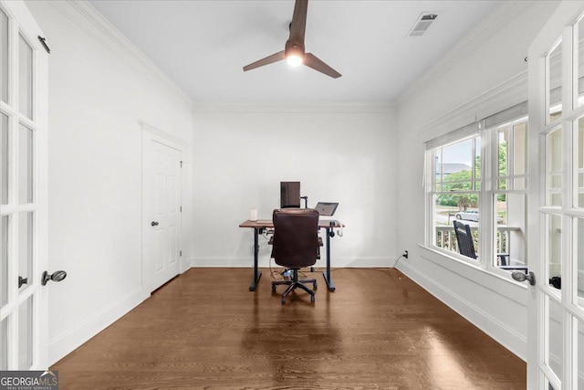 office space featuring french doors, wood finished floors, crown molding, visible vents, and ceiling fan