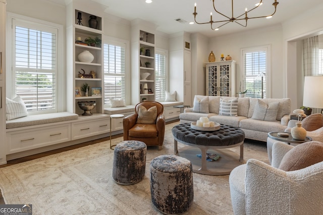 sitting room with wood finished floors, a notable chandelier, crown molding, visible vents, and recessed lighting