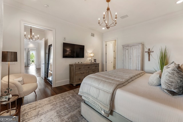 bedroom featuring ornamental molding, visible vents, recessed lighting, an inviting chandelier, and dark wood-style floors