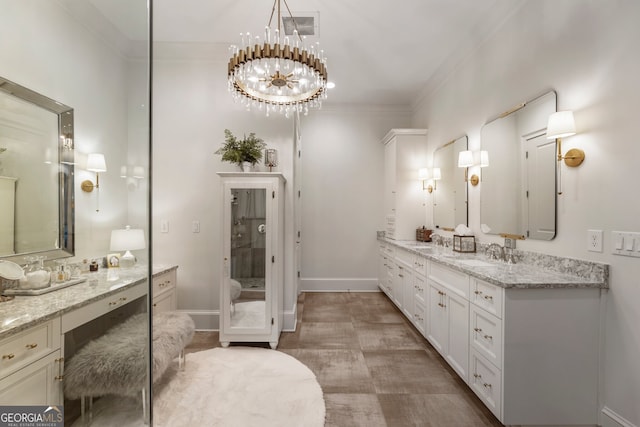 full bath with vanity, visible vents, crown molding, a chandelier, and baseboards