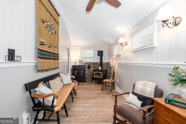0 Vinson Mountain Rd, Rockmart, GA 30153 - living area with ceiling fan, lofted ceiling, a wood stove, and light wood-style floors