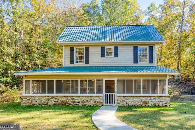 0 Vinson Mountain Rd, Rockmart, GA 30153 - view of front of home with a sunroom, a front yard, metal roof, and stone siding
