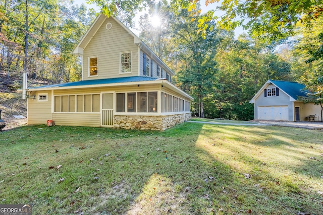 0 Vinson Mountain Rd, Rockmart, GA 30153 - view of front of home with stone siding, an outdoor structure, a sunroom, and a front lawn