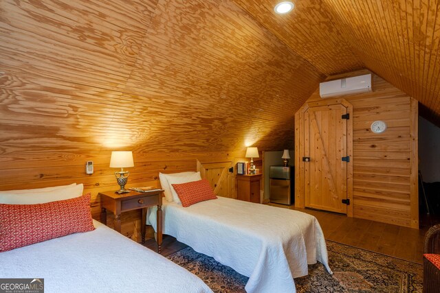 0 Vinson Mountain Rd, Rockmart, GA 30153 - bedroom with wood walls, hardwood / wood-style floors, an AC wall unit, wooden ceiling, and vaulted ceiling