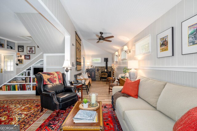 0 Vinson Mountain Rd, Rockmart, GA 30153 - living room with ceiling fan, lofted ceiling, wood finished floors, and a wood stove
