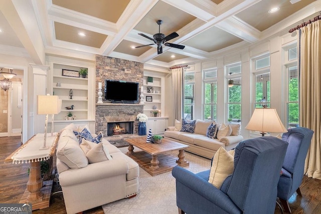 5475 Copper Creek Pass, Cumming, GA 30040 - living area with crown molding, a ceiling fan, beam ceiling, a fireplace, and wood finished floors
