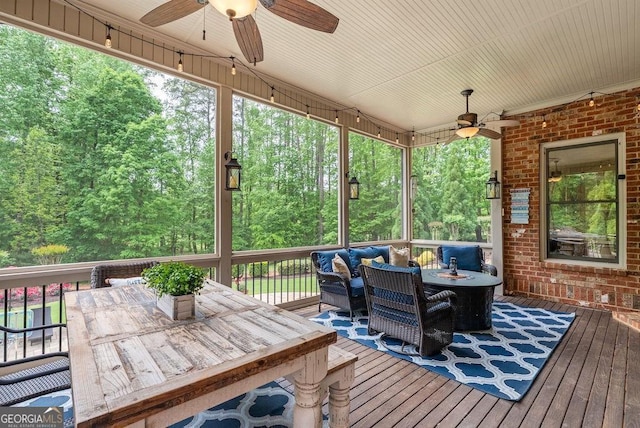 5475 Copper Creek Pass, Cumming, GA 30040 - wooden deck with ceiling fan, outdoor dining space, and outdoor lounge area