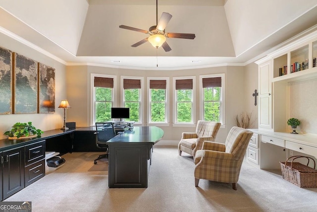 5475 Copper Creek Pass, Cumming, GA 30040 - office featuring light carpet, a raised ceiling, ceiling fan, and crown molding