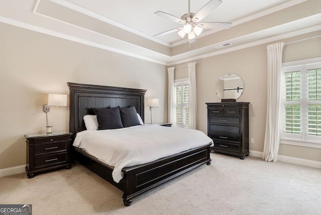 5475 Copper Creek Pass, Cumming, GA 30040 - bedroom featuring light colored carpet, a raised ceiling, baseboards, and ornamental molding