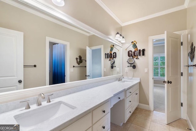 5475 Copper Creek Pass, Cumming, GA 30040 - full bathroom with crown molding, double vanity, baseboards, and tile patterned flooring