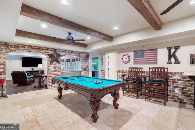 5475 Copper Creek Pass, Cumming, GA 30040 - game room with a ceiling fan, stone tile flooring, beam ceiling, billiards table, and arched walkways