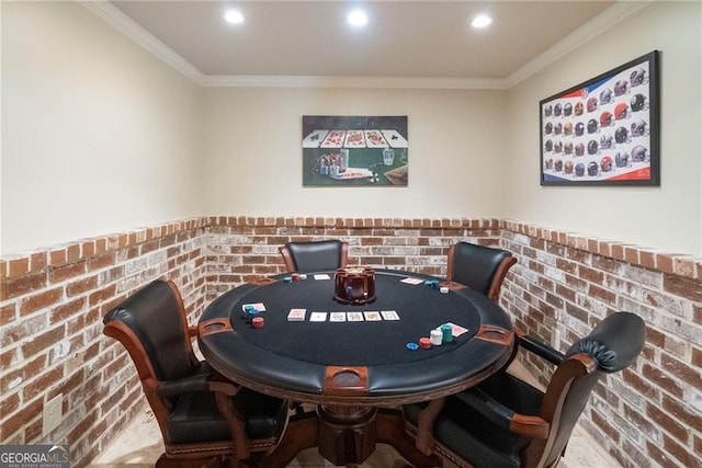 5475 Copper Creek Pass, Cumming, GA 30040 - recreation room featuring brick wall, recessed lighting, crown molding, and wainscoting
