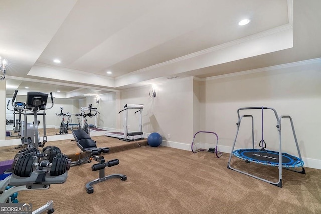 5475 Copper Creek Pass, Cumming, GA 30040 - exercise area featuring a tray ceiling, baseboards, carpet flooring, crown molding, and recessed lighting