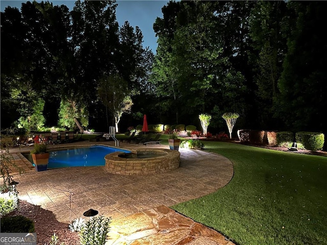 5475 Copper Creek Pass, Cumming, GA 30040 - swimming pool featuring a patio area, a lawn, and an in-ground hot tub