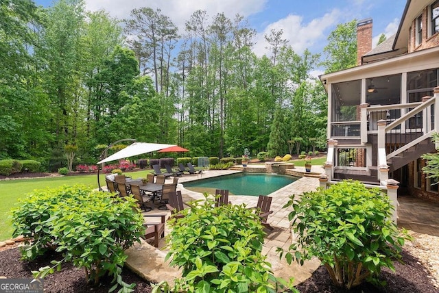 5475 Copper Creek Pass, Cumming, GA 30040 - outdoor pool featuring a sunroom, a patio area, stairs, and outdoor dining area