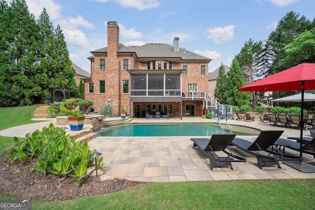 5475 Copper Creek Pass, Cumming, GA 30040 - swimming pool with a sunroom, stairs, and a patio