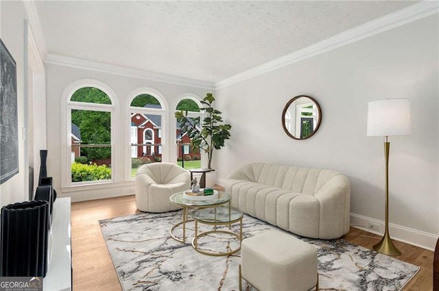 living area featuring baseboards, ornamental molding, and wood finished floors