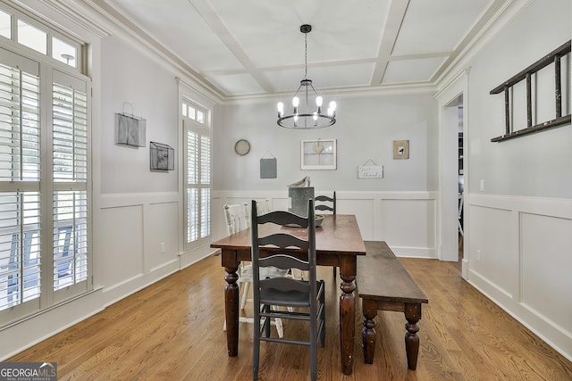 255 Ashmere Ct, Tyrone, GA 30290 - dining area with plenty of natural light, coffered ceiling, a chandelier, a wainscoted wall, and light wood-type flooring