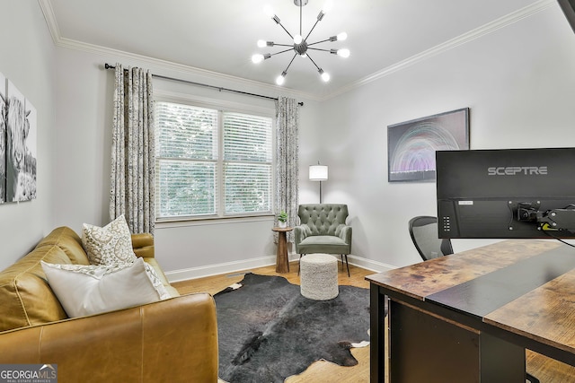 255 Ashmere Ct, Tyrone, GA 30290 - office space featuring crown molding, a chandelier, baseboards, and wood finished floors