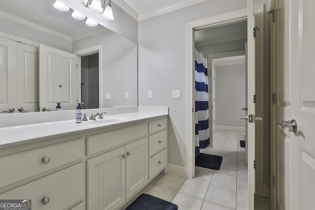 255 Ashmere Ct, Tyrone, GA 30290 - bathroom with vanity, tile patterned floors, baseboards, crown molding, and a shower with curtain