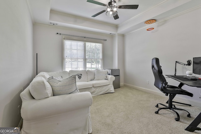 255 Ashmere Ct, Tyrone, GA 30290 - home office featuring crown molding, a tray ceiling, ceiling fan, carpet, and baseboards