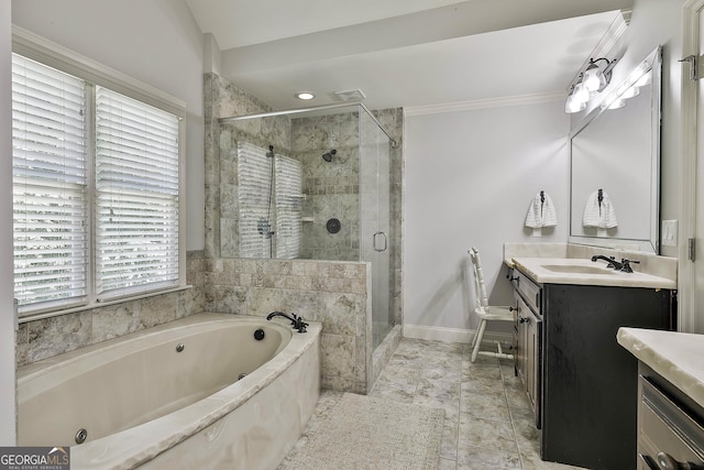 255 Ashmere Ct, Tyrone, GA 30290 - bathroom with vanity, a tub with jets, a stall shower, crown molding, and baseboards