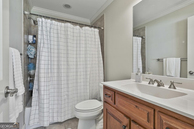 255 Ashmere Ct, Tyrone, GA 30290 - full bathroom featuring vanity, crown molding, toilet, tile patterned flooring, and shower / bath combo