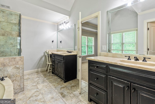 bathroom with crown molding, a sink, two vanities, visible vents, and a stall shower