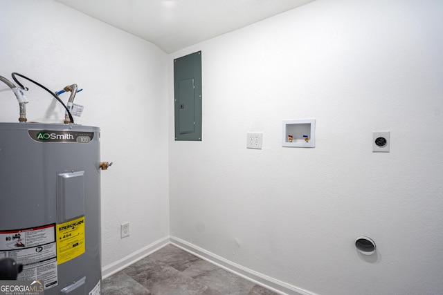 laundry room featuring hookup for an electric dryer, laundry area, electric panel, hookup for a washing machine, and water heater