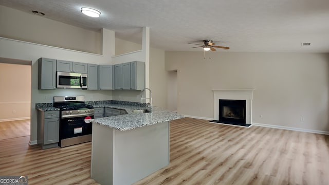1229 Huntington Place Cir, Lithonia, GA 30058 - kitchen with a sink, gray cabinets, light wood-style flooring, stainless steel appliances, and a ceiling fan