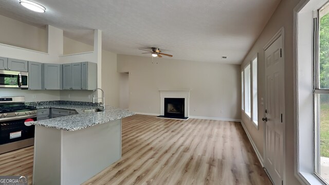 1229 Huntington Place Cir, Lithonia, GA 30058 - kitchen with a sink, stainless steel appliances, a ceiling fan, a peninsula, and gray cabinetry