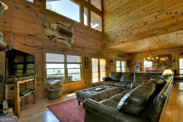 143 Katydid Rd, Morganton, GA 30560 - living area featuring an inviting chandelier, plenty of natural light, a towering ceiling, and wooden walls