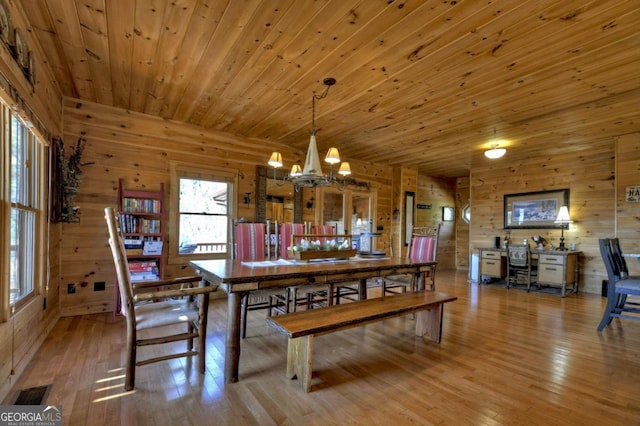 143 Katydid Rd, Morganton, GA 30560 - dining area with wooden walls, a notable chandelier, and hardwood / wood-style floors