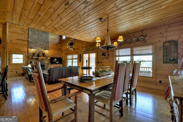 143 Katydid Rd, Morganton, GA 30560 - dining room featuring wooden walls, wood ceiling, hardwood / wood-style floors, and a chandelier