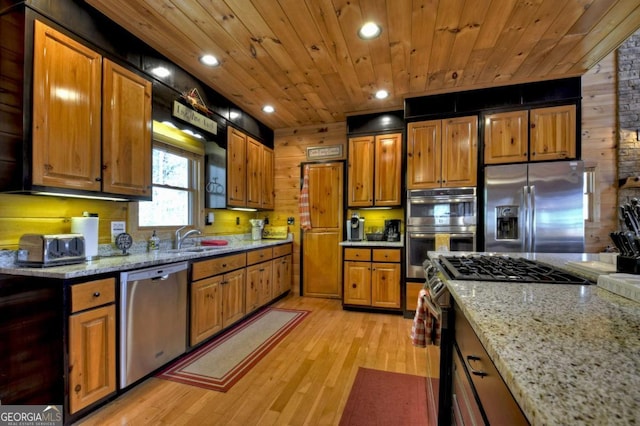 143 Katydid Rd, Morganton, GA 30560 - kitchen with wood ceiling, appliances with stainless steel finishes, light wood-type flooring, a sink, and recessed lighting