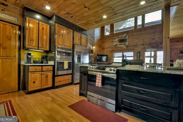 143 Katydid Rd, Morganton, GA 30560 - kitchen with wood ceiling, brown cabinetry, appliances with stainless steel finishes, wood walls, and light wood-style flooring