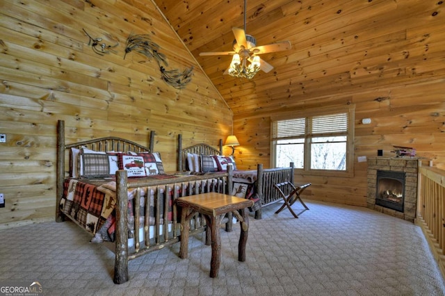 143 Katydid Rd, Morganton, GA 30560 - bedroom with carpet floors, wood walls, and lofted ceiling
