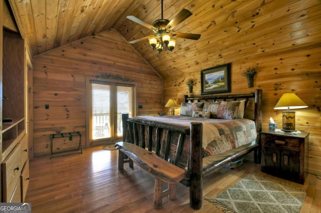 143 Katydid Rd, Morganton, GA 30560 - bedroom with wood walls, wood ceiling, vaulted ceiling, and hardwood / wood-style floors