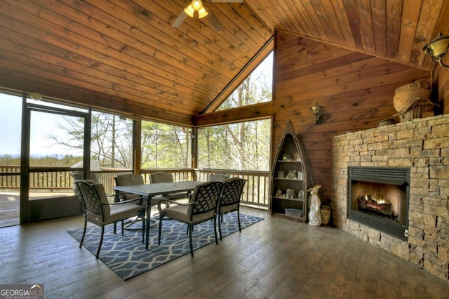 143 Katydid Rd, Morganton, GA 30560 - dining room featuring wood-type flooring, a ceiling fan, high vaulted ceiling, and wooden ceiling