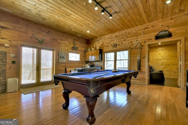 143 Katydid Rd, Morganton, GA 30560 - game room with pool table, light wood-type flooring, rail lighting, wooden ceiling, and wooden walls