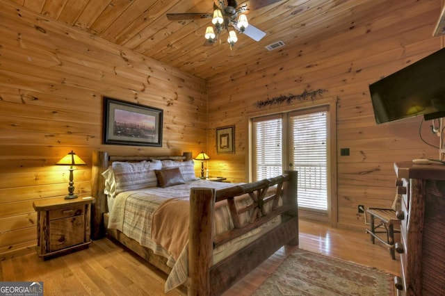 143 Katydid Rd, Morganton, GA 30560 - bedroom featuring wood ceiling, access to exterior, visible vents, wood walls, and light wood-style floors
