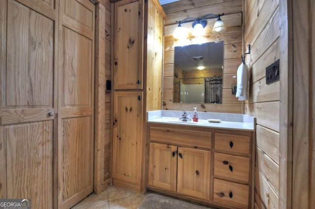 143 Katydid Rd, Morganton, GA 30560 - full bathroom featuring vanity, tile patterned flooring, walk in shower, and wood walls
