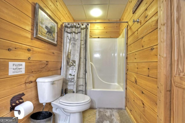 143 Katydid Rd, Morganton, GA 30560 - full bath featuring toilet, wood walls, shower / bath combination with curtain, and tile patterned flooring