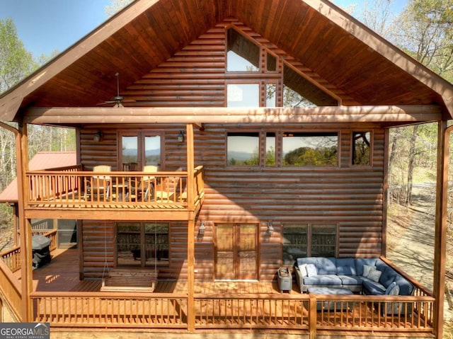 143 Katydid Rd, Morganton, GA 30560 - back of house with a deck, ceiling fan, an outdoor hangout area, and faux log siding